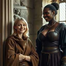 In a medieval room beside a stone pillar, a very happy, short, undernourished young blonde woman, 19 years old, with medium-length hair, wearing a high-collared noble mantle completely closed