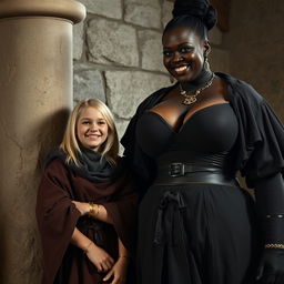 In a medieval room beside a stone pillar, a very happy, short, undernourished young blonde woman, 19 years old, with medium-length hair, wearing a high-collared noble mantle completely closed
