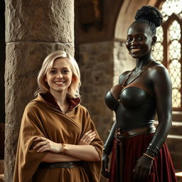 In a medieval room beside a stone pillar, a very happy, short, undernourished young blonde woman, 19 years old, with medium-length hair, wearing a high-collared noble mantle completely closed