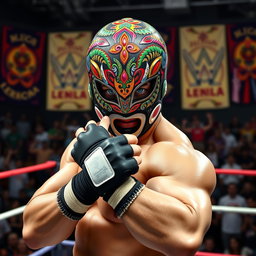 A dynamic male Mexican luchador showcasing a vibrant, intricately designed luchador mask that features colorful patterns and embellishments