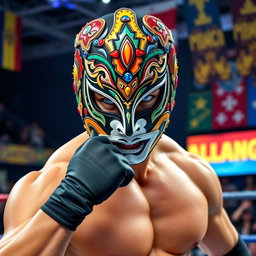 A dynamic male Mexican luchador showcasing a vibrant, intricately designed luchador mask that features colorful patterns and embellishments