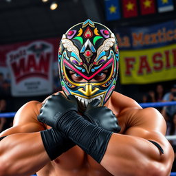 A dynamic male Mexican luchador showcasing a vibrant, intricately designed luchador mask that features colorful patterns and embellishments
