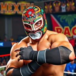 A dynamic male Mexican luchador showcasing a vibrant, intricately designed luchador mask that features colorful patterns and embellishments