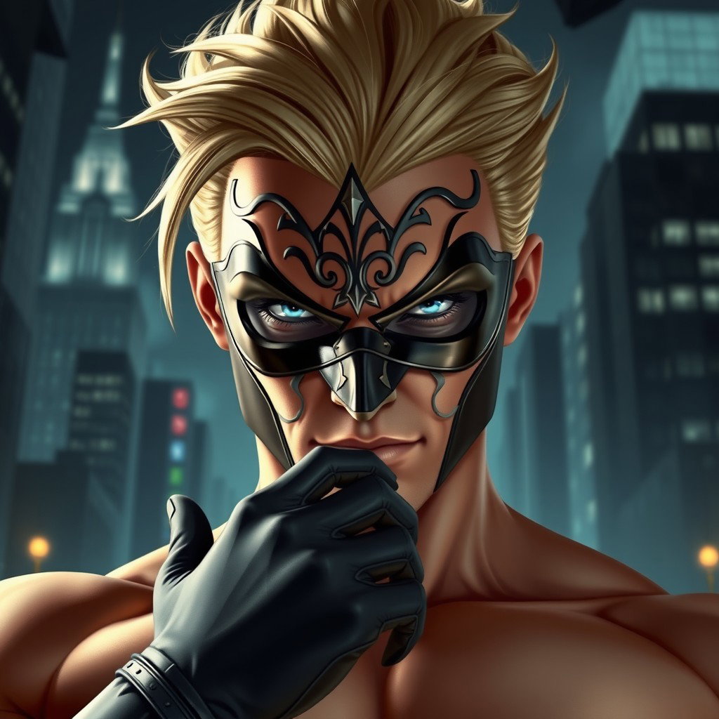 A striking portrayal of a male supervillain, wearing an intricate mask that conceals his identity while highlighting his piercing blue eyes