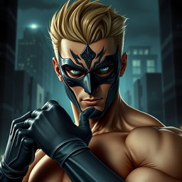 A striking portrayal of a male supervillain, wearing an intricate mask that conceals his identity while highlighting his piercing blue eyes