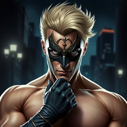 A striking portrayal of a male supervillain, wearing an intricate mask that conceals his identity while highlighting his piercing blue eyes