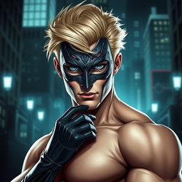 A striking portrayal of a male supervillain, wearing an intricate mask that conceals his identity while highlighting his piercing blue eyes