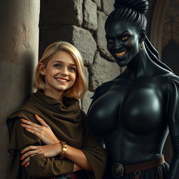 In a medieval room beside a stone pillar, a very happy, short, undernourished young blonde woman, 19 years old, with medium-length hair and bright blue eyes, wearing a high-collared noble mantle completely closed, adorned with a thick gold bracelet on her wrist