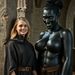 In a medieval room beside a stone pillar, a very happy, short, undernourished young blonde woman, 19 years old, with medium-length hair and bright blue eyes, wearing a high-collared noble mantle completely closed, adorned with a thick gold bracelet on her wrist