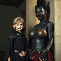 In a medieval room next to a large pillar, a very happy, malnourished young blonde girl of 19, short in stature with medium-length hair, wearing a noble cloak with a high collar that reaches her neck, is standing