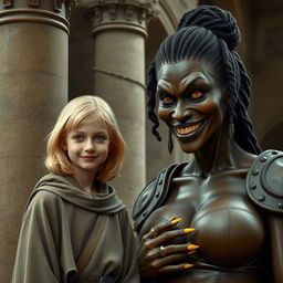 In a medieval room next to a large pillar, a very happy, malnourished young blonde girl of 19, short in stature with medium-length hair, wearing a noble cloak with a high collar that reaches her neck, is standing