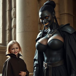 In a medieval room next to a large pillar, a very happy, malnourished young blonde girl of 19, short in stature with medium-length hair, wearing a noble cloak with a high collar that reaches her neck, is standing