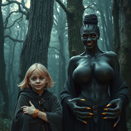 In a haunted medieval forest, next to a tall, ancient tree, a very happy and malnourished young blonde girl of 19 stands, short in stature with medium-length hair