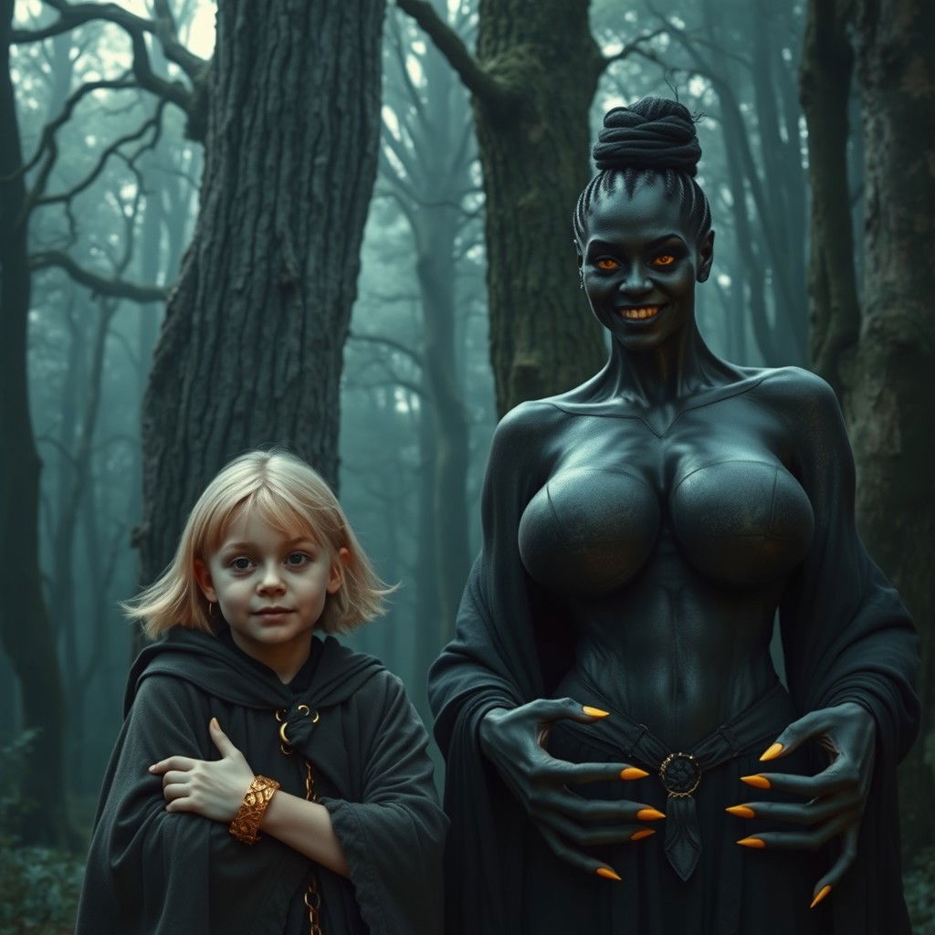 In a haunted medieval forest, next to a tall, ancient tree, a very happy and malnourished young blonde girl of 19 stands, short in stature with medium-length hair