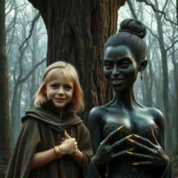 In a haunted medieval forest, next to a tall, ancient tree, a very happy and malnourished young blonde girl of 19 stands, short in stature with medium-length hair