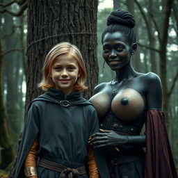 In a haunted medieval forest, next to a tall, ancient tree, a very happy and malnourished young blonde girl of 19 stands, short in stature with medium-length hair