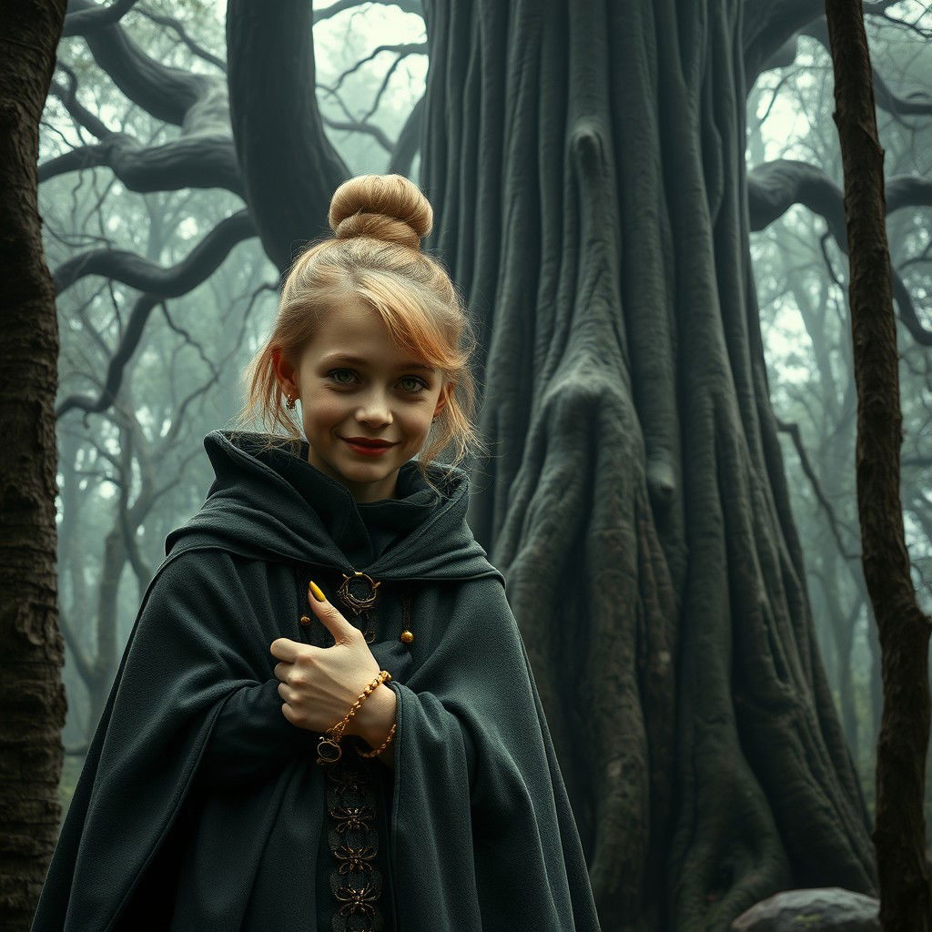 In a haunting medieval forest beside a towering ancient tree, a very happy and malnourished 19-year-old blonde girl, who is short with medium-length hair, stands adorned with a thick golden bracelet
