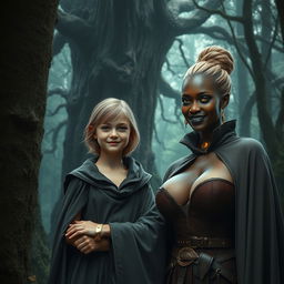 In a haunting medieval forest beside a towering ancient tree, a very happy and malnourished 19-year-old blonde girl, who is short with medium-length hair, stands adorned with a thick golden bracelet