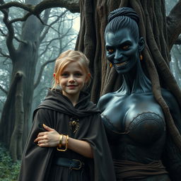 In a haunting medieval forest beside a towering ancient tree, a very happy and malnourished 19-year-old blonde girl, who is short with medium-length hair, stands adorned with a thick golden bracelet