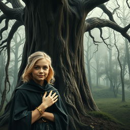 In a haunting medieval forest beside a towering ancient tree, a very happy and malnourished 19-year-old blonde girl, who is short with medium-length hair, stands adorned with a thick golden bracelet