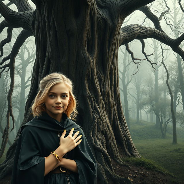 In a haunting medieval forest beside a towering ancient tree, a very happy and malnourished 19-year-old blonde girl, who is short with medium-length hair, stands adorned with a thick golden bracelet
