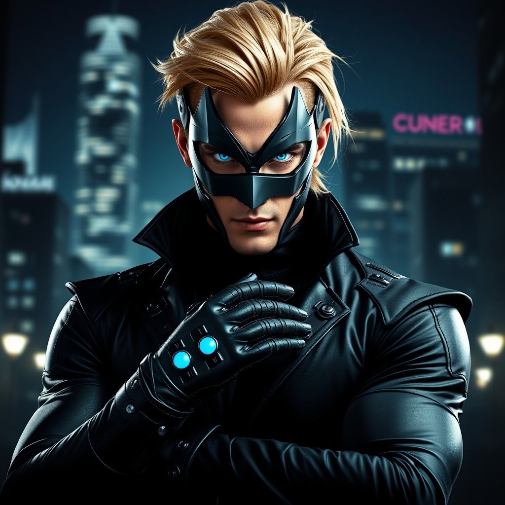 A striking image of a male supervillain standing confidently in a dramatic pose, wearing a sleek, metallic mask that highlights his strong features and stylish gloves