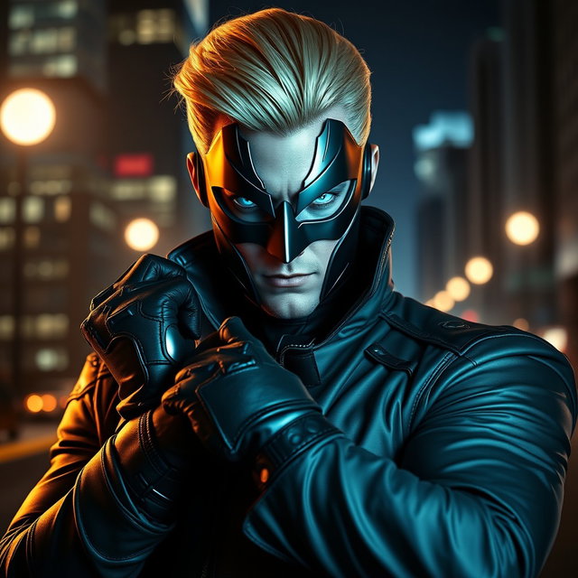 A striking image of a male supervillain standing confidently in a dramatic pose, wearing a sleek, metallic mask that highlights his strong features and stylish gloves