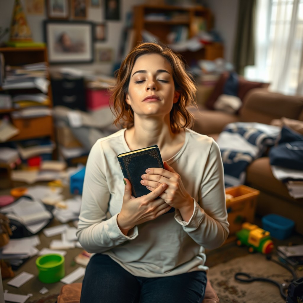 A woman sitting in a cluttered, chaotic living room filled with noise and mess, holding a Bible close to her heart with her eyes closed