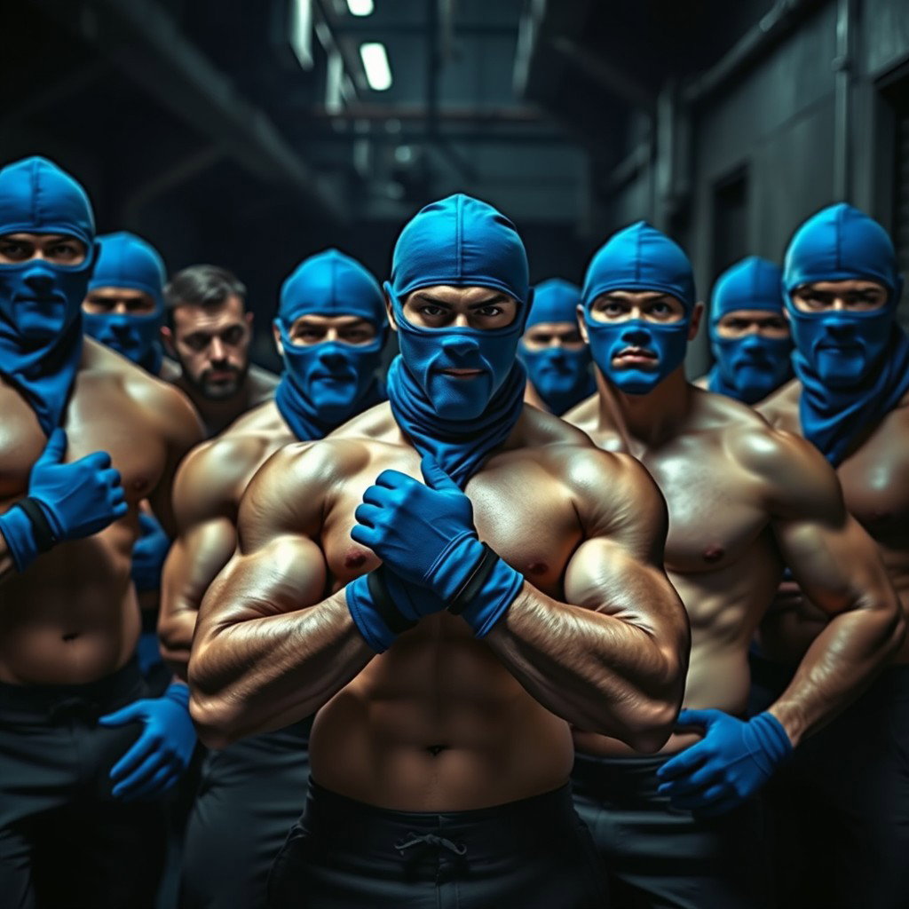 An intense scene featuring a group of muscular men, all wearing striking blue balaclavas and gloves, collectively embodying a sense of mystery and camaraderie