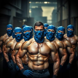 An intense scene featuring a group of muscular men, all wearing striking blue balaclavas and gloves, collectively embodying a sense of mystery and camaraderie