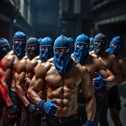 An intense scene featuring a group of muscular men, all wearing striking blue balaclavas and gloves, collectively embodying a sense of mystery and camaraderie