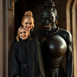 In a medieval room, next to a sturdy pillar, stands a very happy, petite 19-year-old blonde girl with medium-length hair, wearing a noble mantle with a high collar that reaches her neck and is fully closed