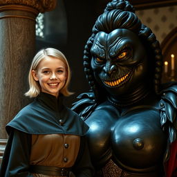 In a medieval room, next to a sturdy pillar, stands a very happy, petite 19-year-old blonde girl with medium-length hair, wearing a noble mantle with a high collar that reaches her neck and is fully closed