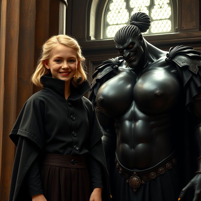 In a medieval room, next to a sturdy pillar, stands a very happy, petite 19-year-old blonde girl with medium-length hair, wearing a noble mantle with a high collar that reaches her neck and is fully closed