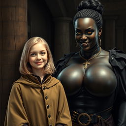 In a medieval room, next to a sturdy pillar, stands a very happy, petite 19-year-old blonde girl with medium-length hair, wearing a noble mantle with a high collar that reaches her neck and is fully closed