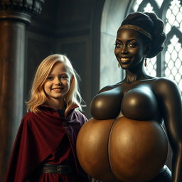 In a medieval room, next to a sturdy pillar, stands a very happy, petite 19-year-old blonde girl with medium-length hair, wearing a noble mantle with a high collar that reaches her neck and is fully closed