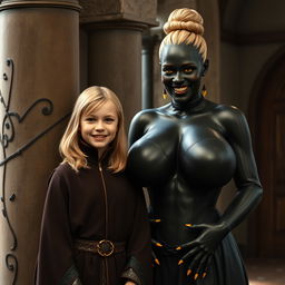 In a medieval room, next to a sturdy pillar, stands a very happy, petite 19-year-old blonde girl with medium-length hair, wearing a noble mantle with a high collar that reaches her neck and is fully closed