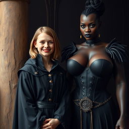 In a medieval room, next to a sturdy pillar, stands a very happy, petite 19-year-old blonde girl with medium-length hair, wearing a noble mantle with a high collar that reaches her neck and is fully closed