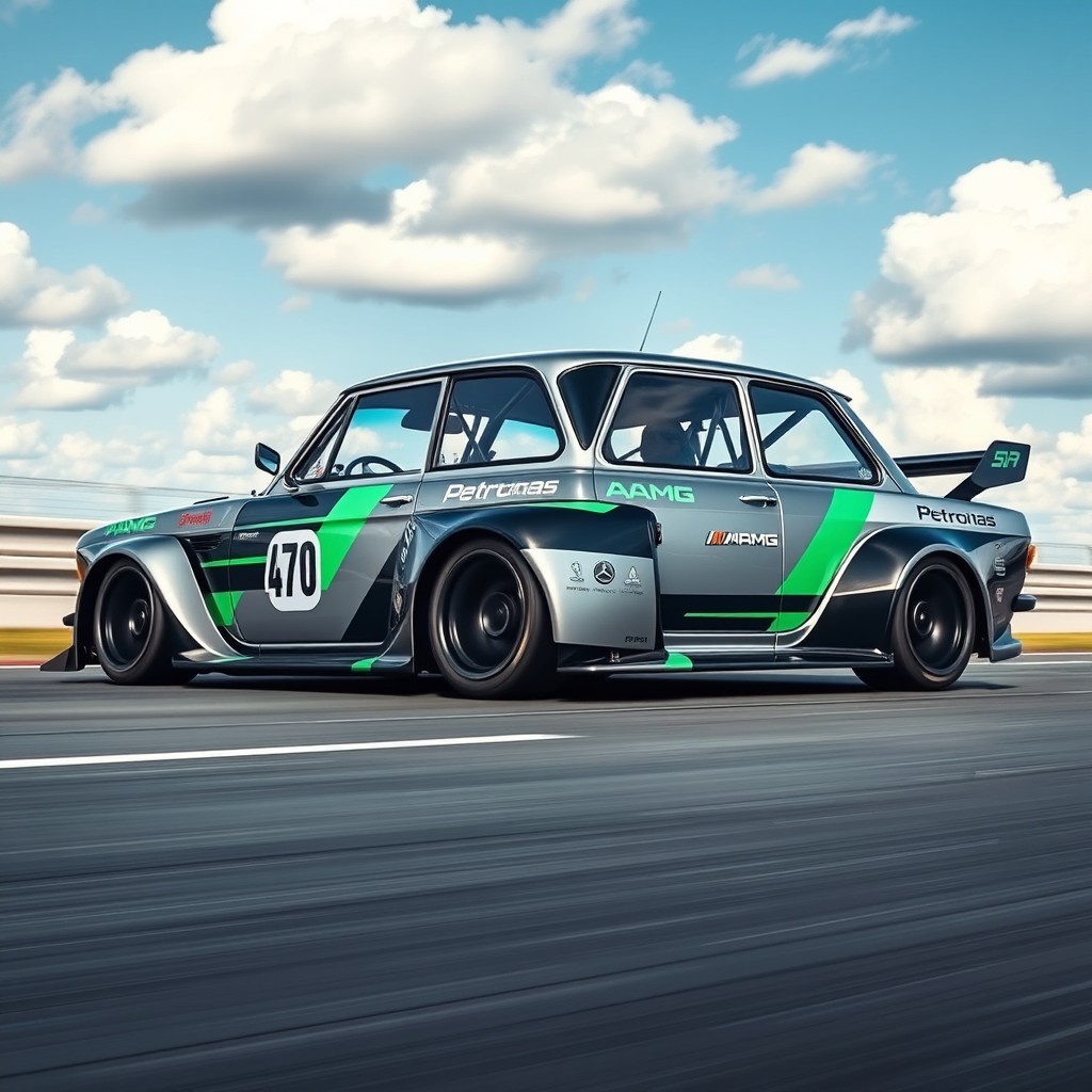 A customized classic Zhiguli car featuring aerodynamic elements inspired by the AMG Petronas Formula 1 team