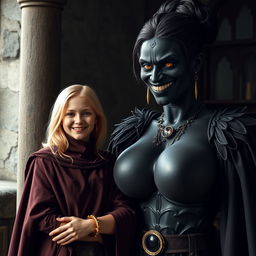 In a medieval room, next to a sturdy pillar, stands a very happy, petite 19-year-old blonde girl with medium-length hair, wearing a noble mantle with a high collar that reaches her neck and is fully closed