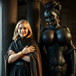 In a medieval room, next to a sturdy pillar, stands a very happy, petite 19-year-old blonde girl with medium-length hair, wearing a noble mantle with a high collar that reaches her neck and is fully closed