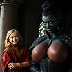 In a medieval room, next to a sturdy pillar, stands a very happy, petite 19-year-old blonde girl with medium-length hair, wearing a noble mantle with a high collar that reaches her neck and is fully closed