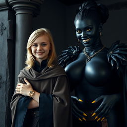 In a medieval room, next to a sturdy pillar, stands a very happy, petite 19-year-old blonde girl with medium-length hair, wearing a noble mantle with a high collar that reaches her neck and is fully closed