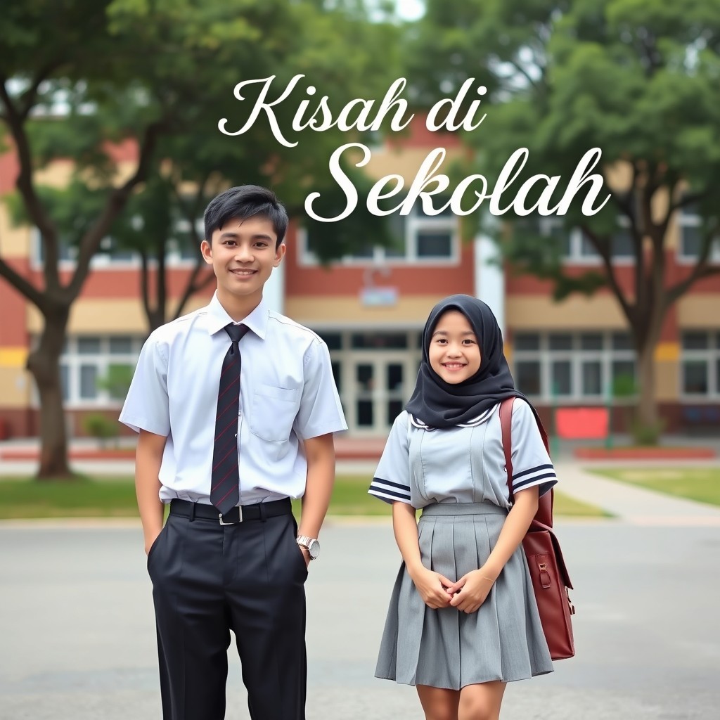 A scene depicting two teenagers, a boy and a girl, standing together in front of a school building