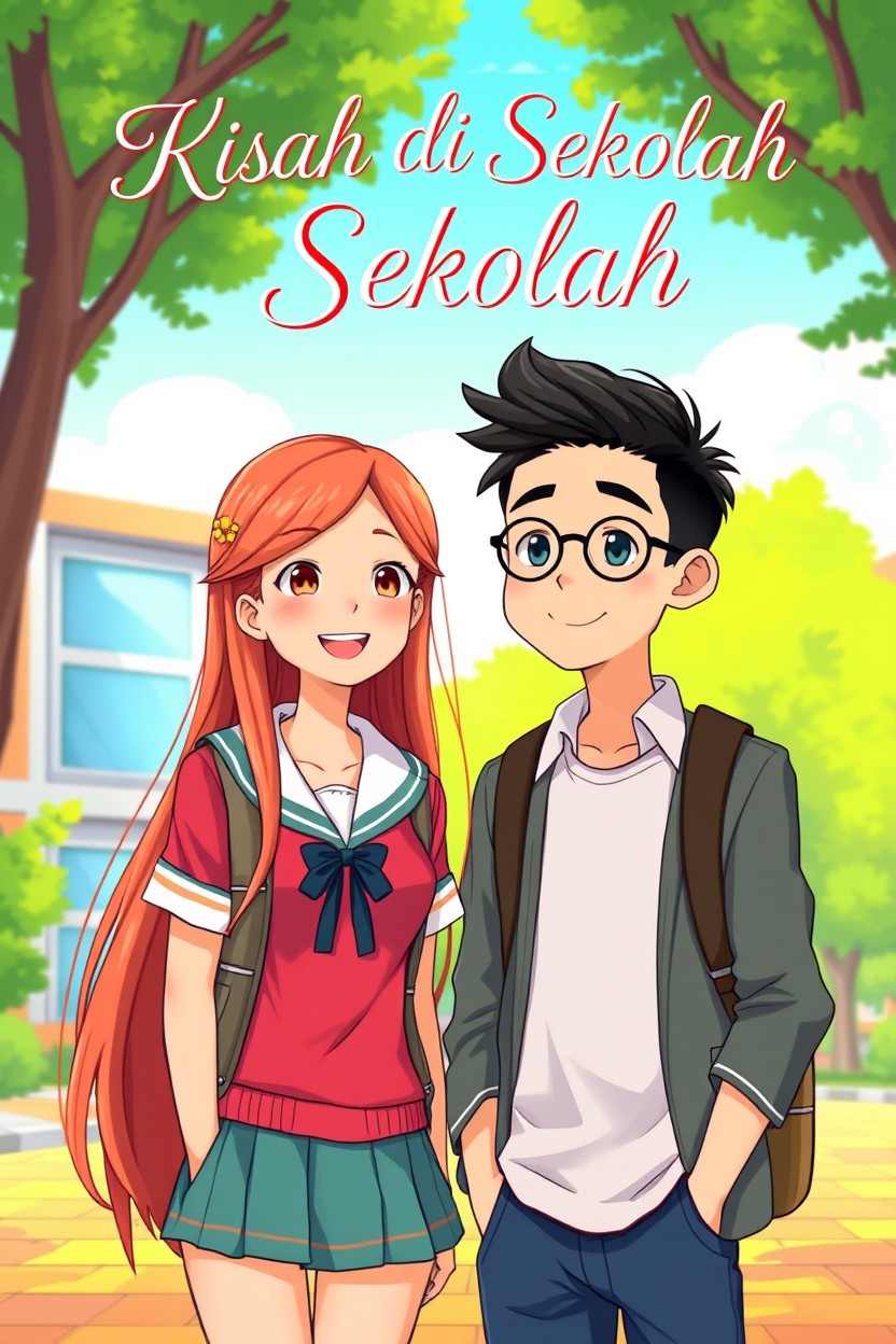 A scene depicting a teenage girl and boy in a vibrant school setting, both wearing stylish school uniforms