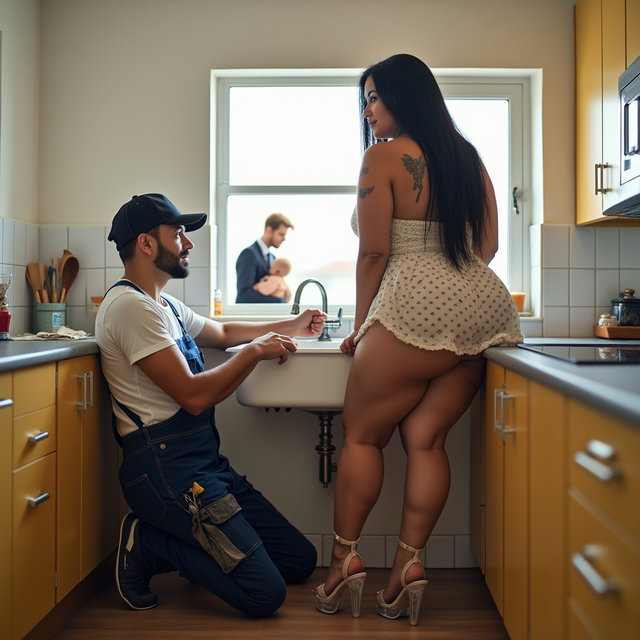 In a spacious kitchen scene, a light-skinned Mexican woman with wide hips, a curvy build, and thick legs sits provocatively on top of the sink, legs open