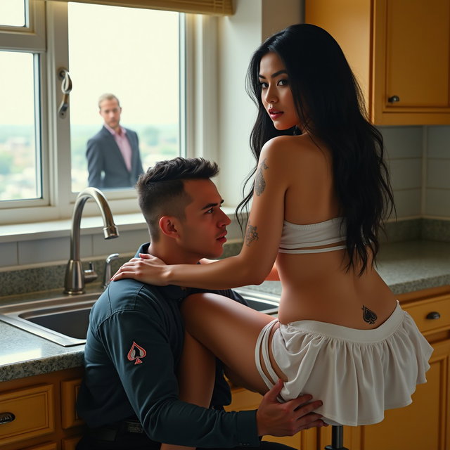 In a vibrant kitchen scene, a light-skinned Mexican woman with wide hips, a medium-large, curvy build, and thick legs sits provocatively on the edge of the sink