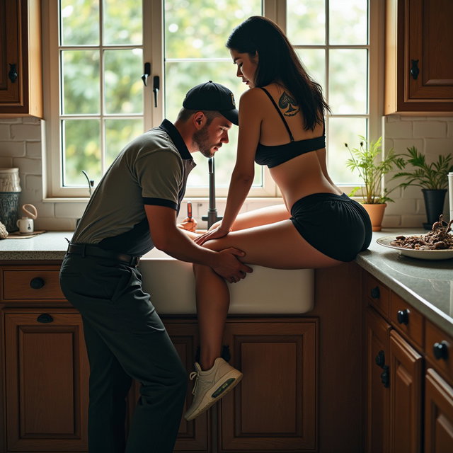 In a spacious kitchen, a light-skinned Mexican woman with wide hips and a medium-large, curvy physique sits provocatively on the edge of the sink