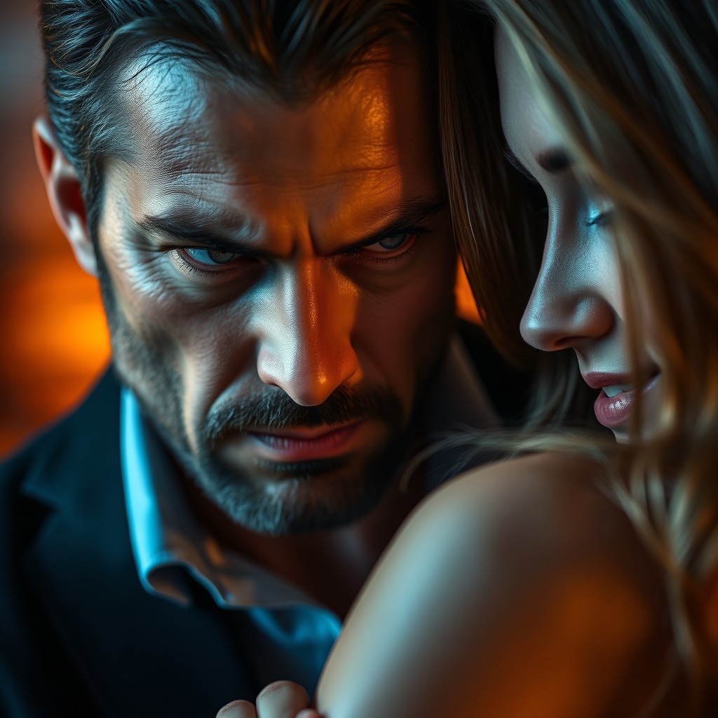 A portrait of an intense man with an obsessive expression in his eyes, staring at a beautiful woman with captivating features
