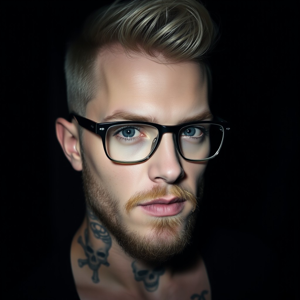 A stylish blonde man with a social haircut, wearing prescription glasses, sporting a well-groomed beard, and striking blue eyes